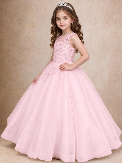 Lace Applique Girls Pageant Dresses Tulle Ball Gown Flower Girl Dress for Wedding Birthday Communion