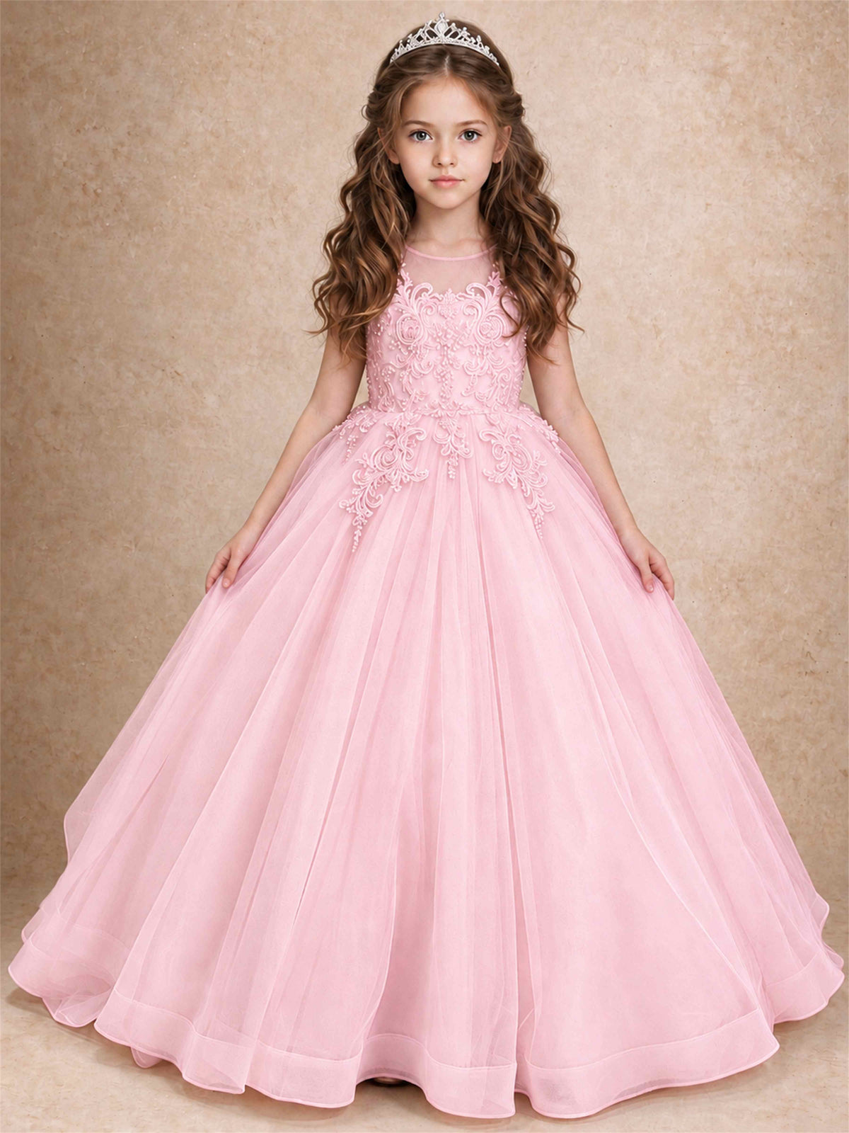 Lace Applique Girls Pageant Dresses Tulle Ball Gown Flower Girl Dress for Wedding Birthday Communion