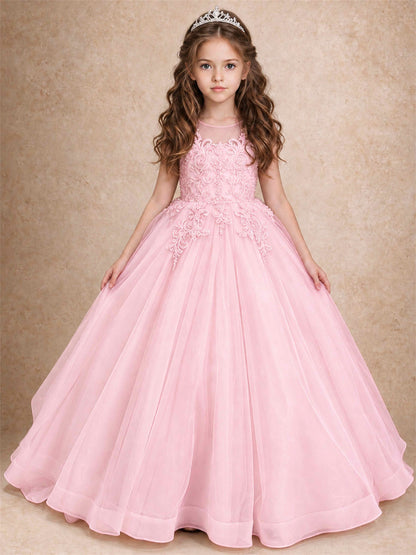 Lace Applique Girls Pageant Dresses Tulle Ball Gown Flower Girl Dress for Wedding Birthday Communion