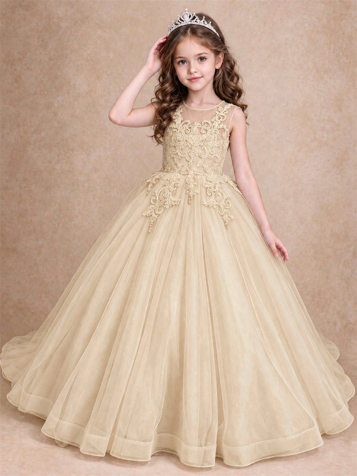Lace Applique Girls Pageant Dresses Tulle Ball Gown Flower Girl Dress for Wedding Birthday Communion