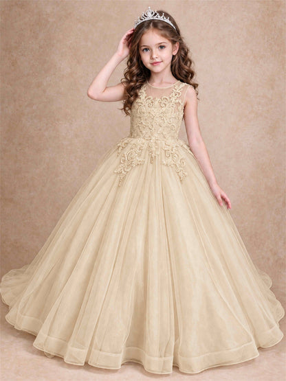 Lace Applique Girls Pageant Dresses Tulle Ball Gown Flower Girl Dress for Wedding Birthday Communion