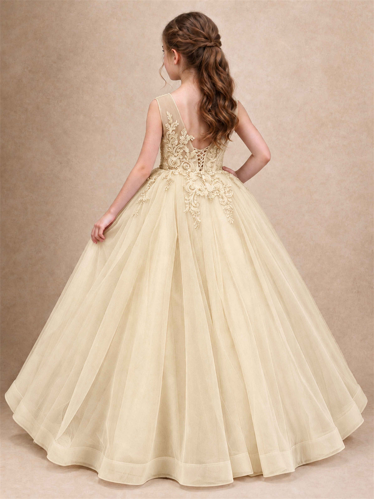 Lace Applique Girls Pageant Dresses Tulle Ball Gown Flower Girl Dress for Wedding Birthday Communion