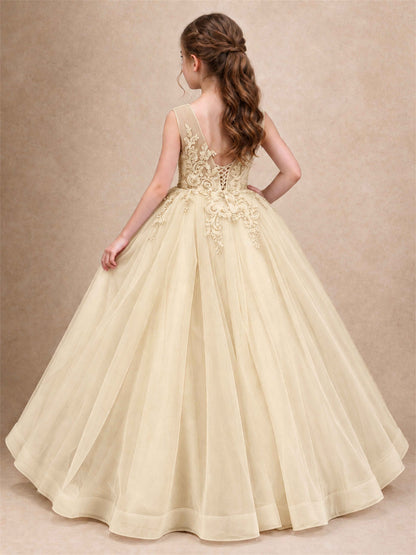 Lace Applique Girls Pageant Dresses Tulle Ball Gown Flower Girl Dress for Wedding Birthday Communion