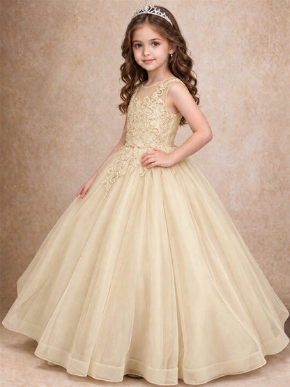 Lace Applique Girls Pageant Dresses Tulle Ball Gown Flower Girl Dress for Wedding Birthday Communion