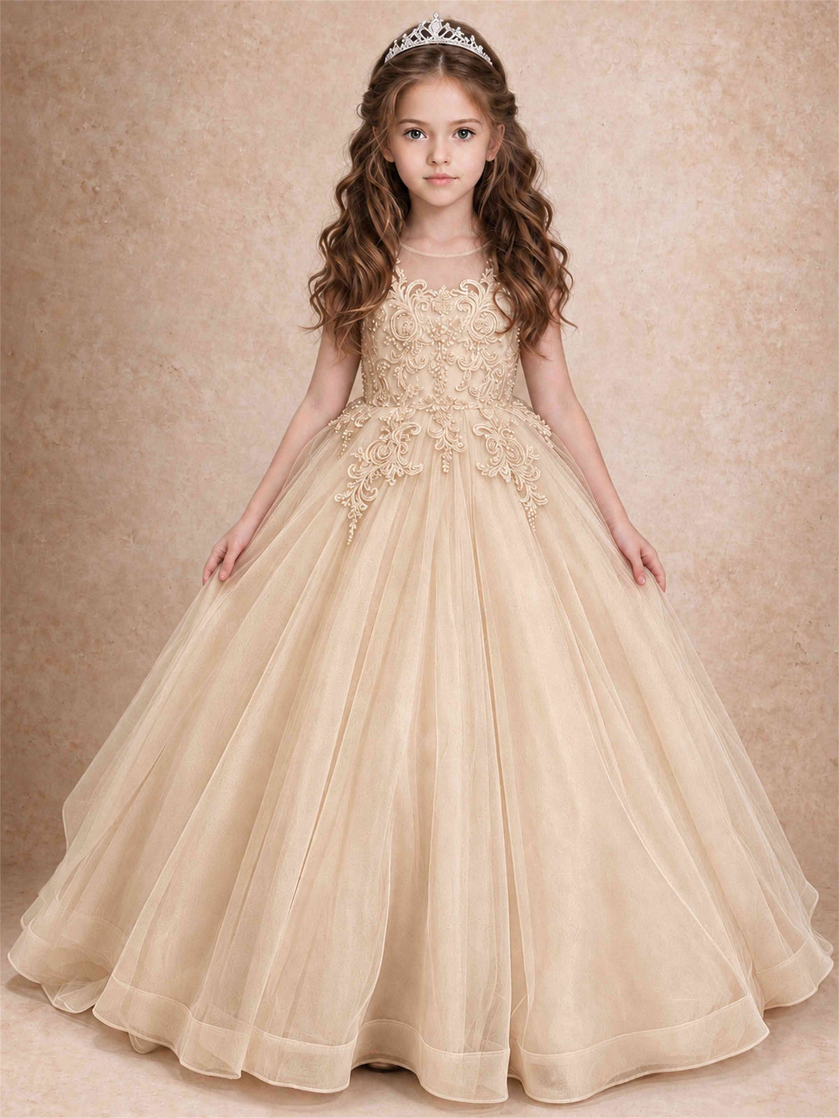 Lace Applique Girls Pageant Dresses Tulle Ball Gown Flower Girl Dress for Wedding Birthday Communion