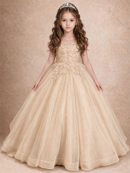 Lace Applique Girls Pageant Dresses Tulle Ball Gown Flower Girl Dress for Wedding Birthday Communion