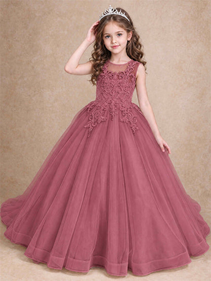 Lace Applique Girls Pageant Dresses Tulle Ball Gown Flower Girl Dress for Wedding Birthday Communion
