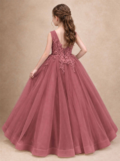 Lace Applique Girls Pageant Dresses Tulle Ball Gown Flower Girl Dress for Wedding Birthday Communion