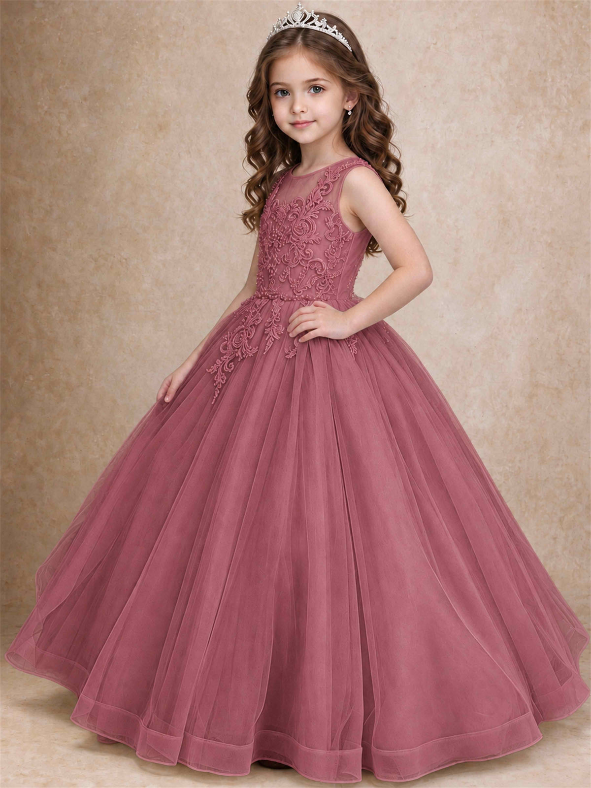 Lace Applique Girls Pageant Dresses Tulle Ball Gown Flower Girl Dress for Wedding Birthday Communion