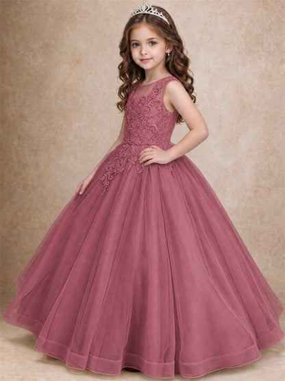 Lace Applique Girls Pageant Dresses Tulle Ball Gown Flower Girl Dress for Wedding Birthday Communion