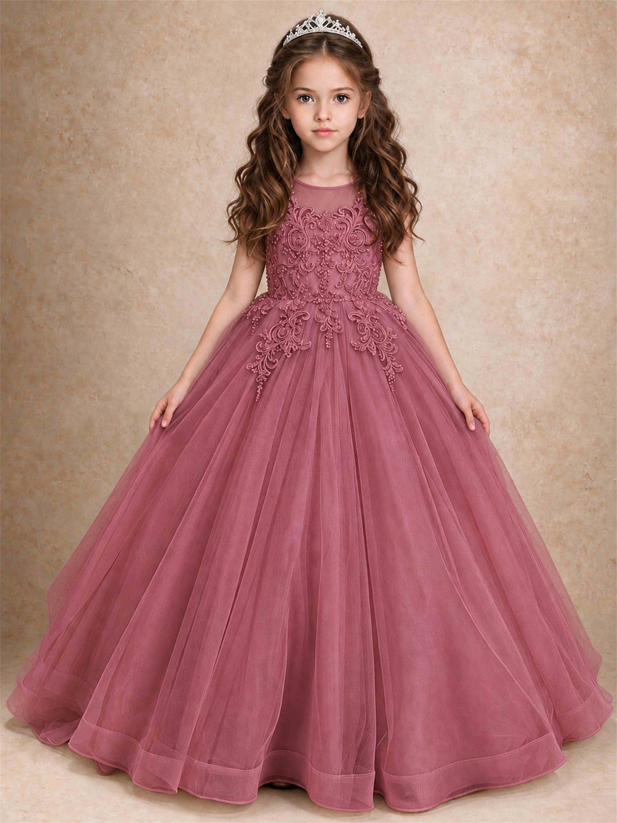 Lace Applique Girls Pageant Dresses Tulle Ball Gown Flower Girl Dress for Wedding Birthday Communion
