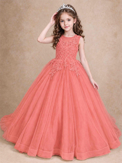 Lace Applique Girls Pageant Dresses Tulle Ball Gown Flower Girl Dress for Wedding Birthday Communion