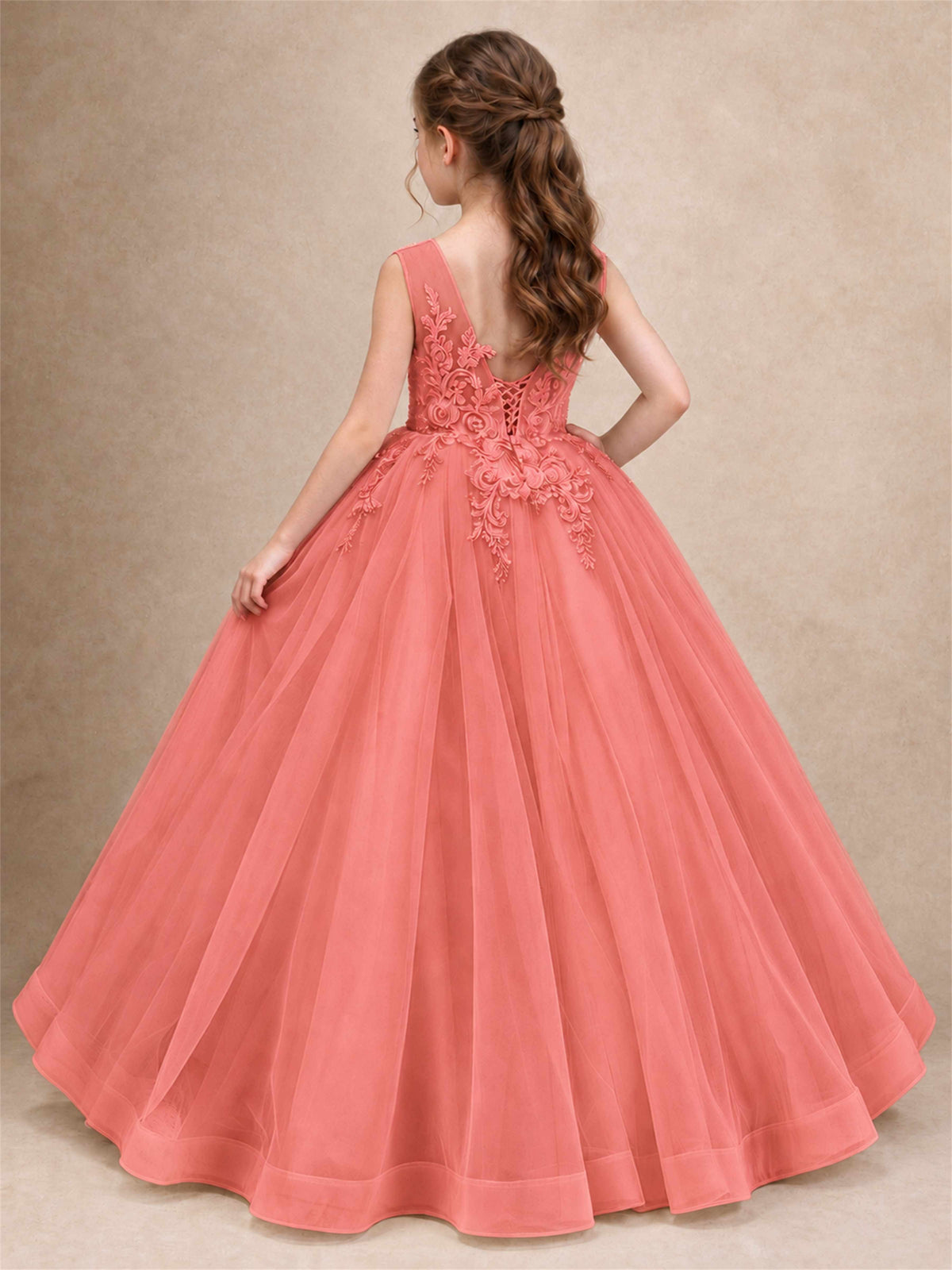 Lace Applique Girls Pageant Dresses Tulle Ball Gown Flower Girl Dress for Wedding Birthday Communion
