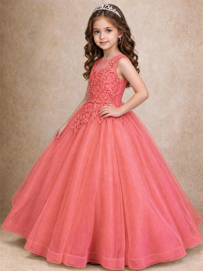 Lace Applique Girls Pageant Dresses Tulle Ball Gown Flower Girl Dress for Wedding Birthday Communion