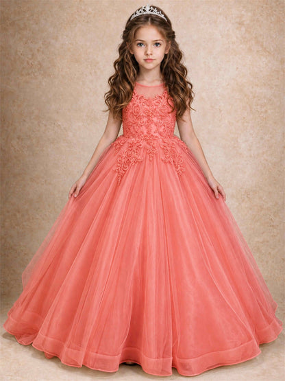 Lace Applique Girls Pageant Dresses Tulle Ball Gown Flower Girl Dress for Wedding Birthday Communion