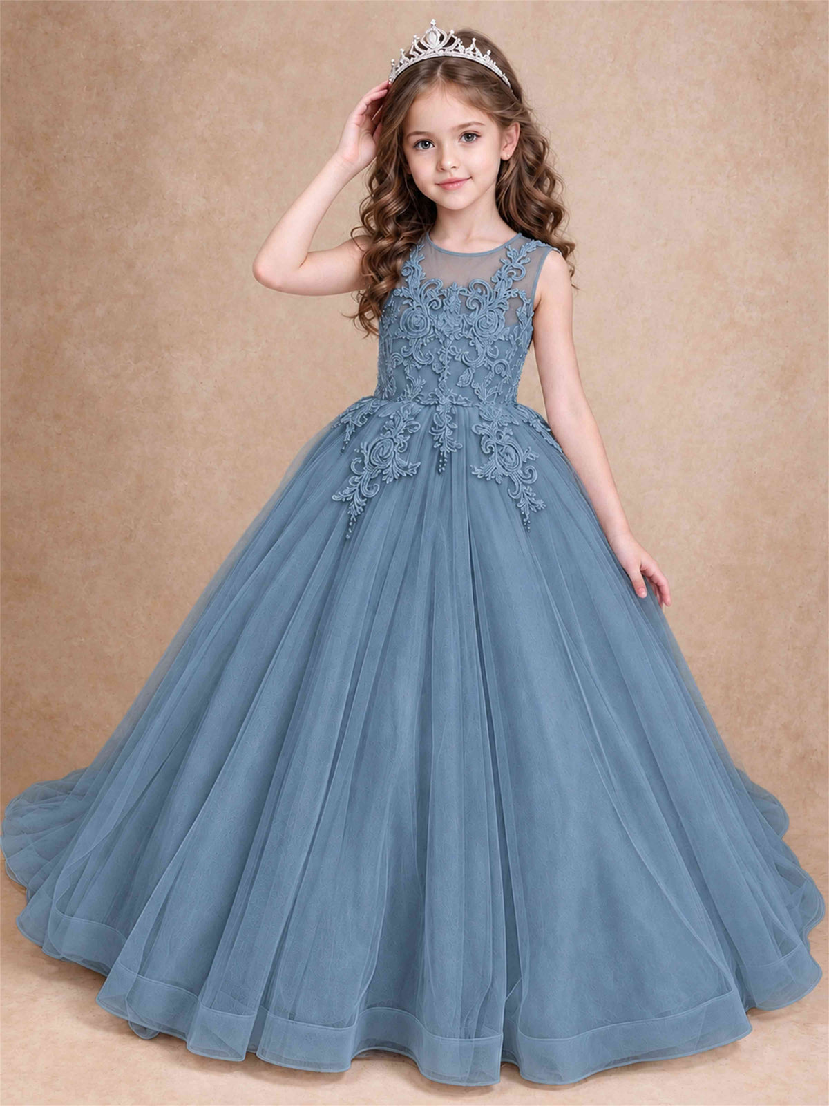 Lace Applique Girls Pageant Dresses Tulle Ball Gown Flower Girl Dress for Wedding Birthday Communion