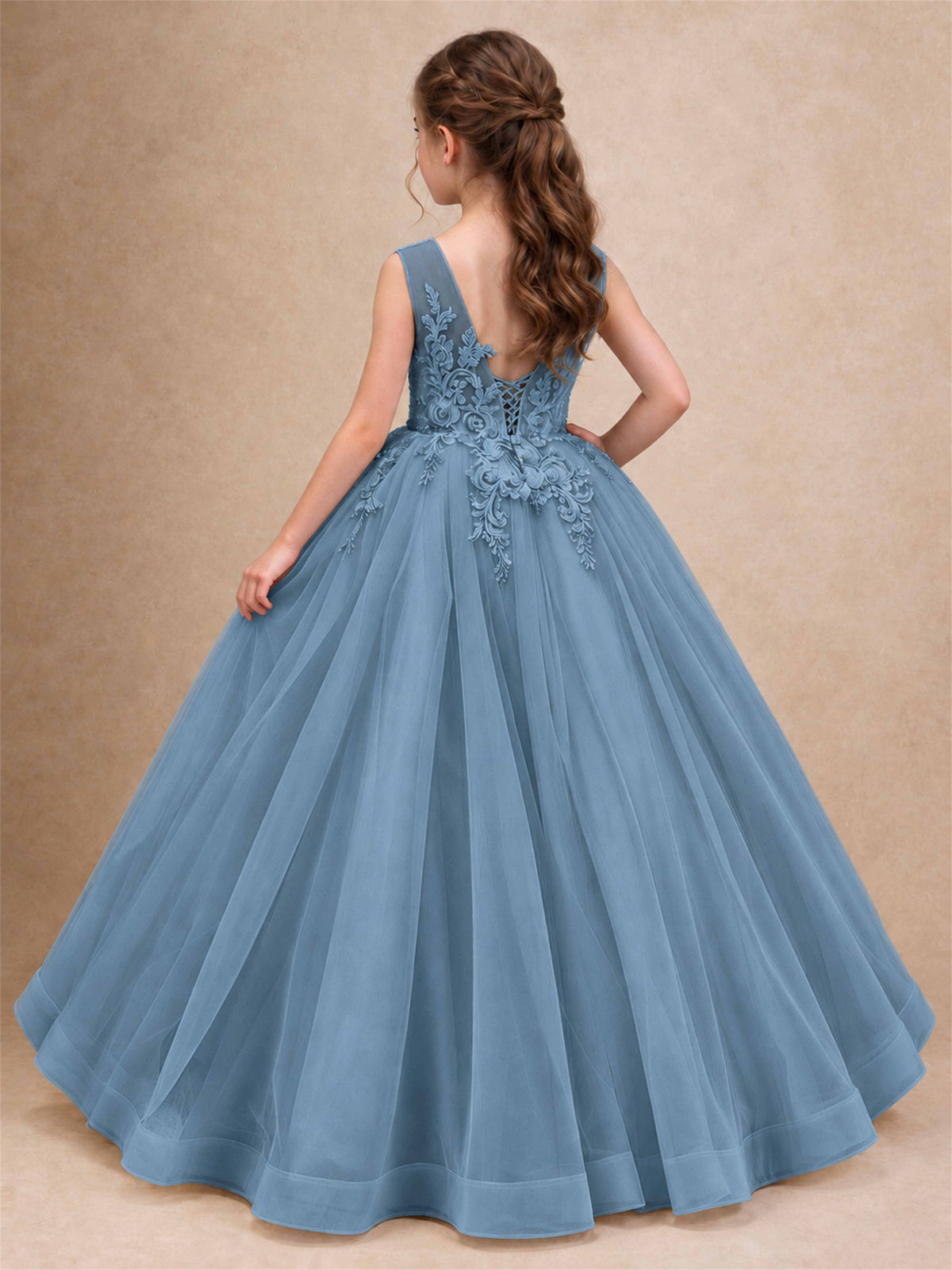Lace Applique Girls Pageant Dresses Tulle Ball Gown Flower Girl Dress for Wedding Birthday Communion