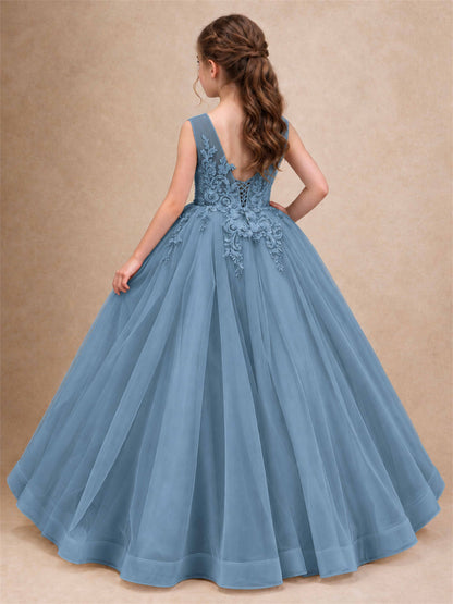 Lace Applique Girls Pageant Dresses Tulle Ball Gown Flower Girl Dress for Wedding Birthday Communion
