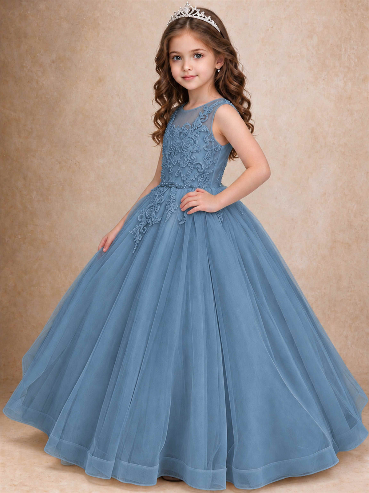 Lace Applique Girls Pageant Dresses Tulle Ball Gown Flower Girl Dress for Wedding Birthday Communion