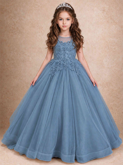 Lace Applique Girls Pageant Dresses Tulle Ball Gown Flower Girl Dress for Wedding Birthday Communion