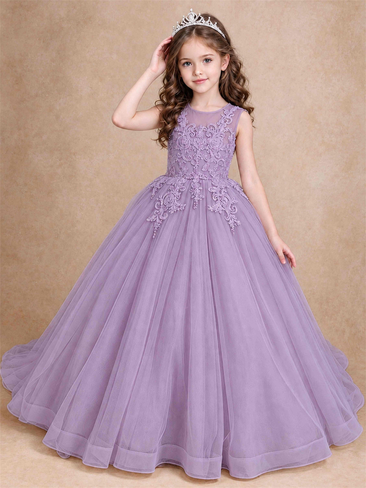 Lace Applique Girls Pageant Dresses Tulle Ball Gown Flower Girl Dress for Wedding Birthday Communion