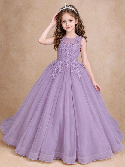 Lace Applique Girls Pageant Dresses Tulle Ball Gown Flower Girl Dress for Wedding Birthday Communion