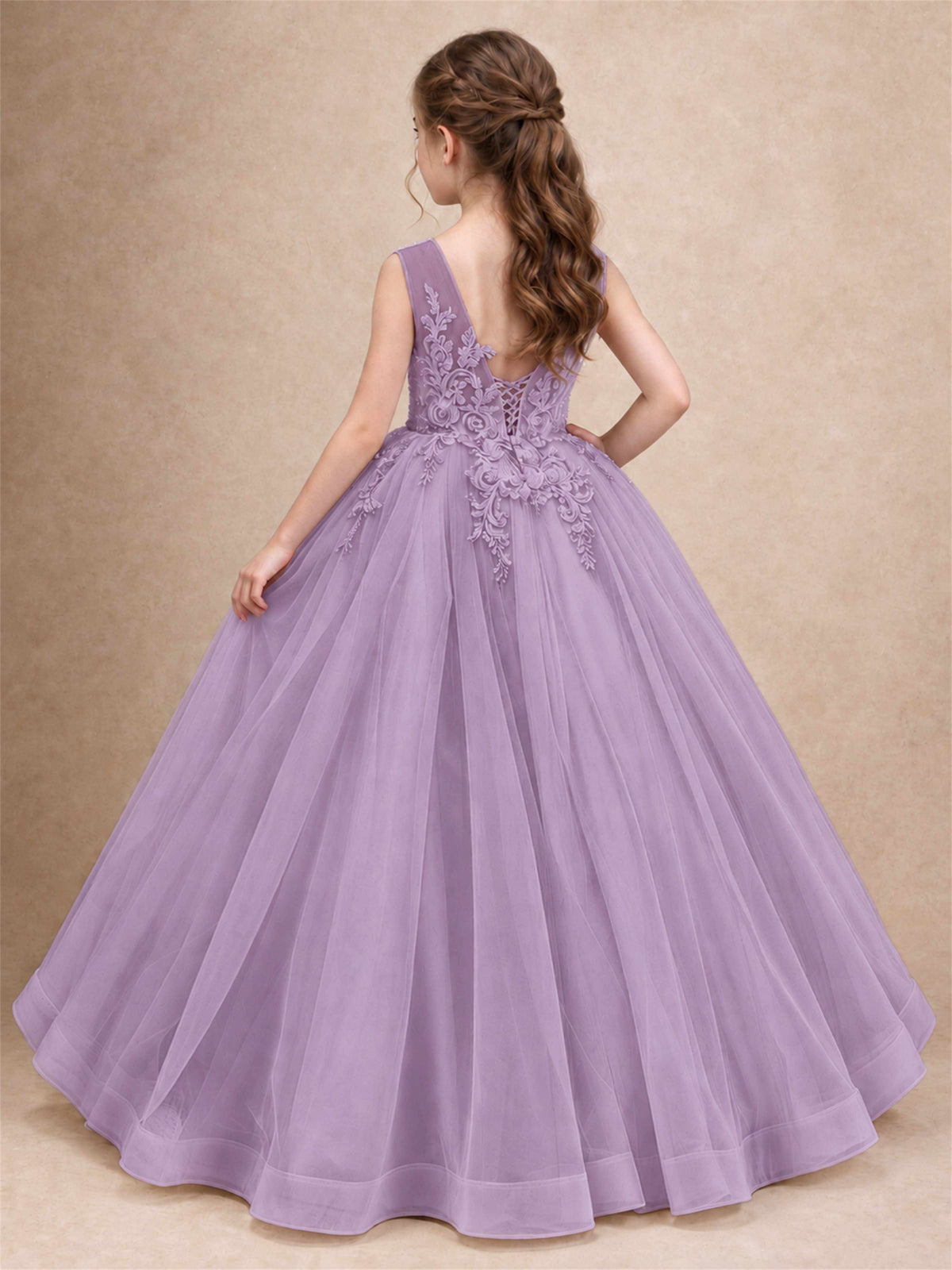 Lace Applique Girls Pageant Dresses Tulle Ball Gown Flower Girl Dress for Wedding Birthday Communion
