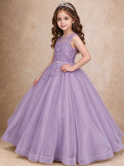 Lace Applique Girls Pageant Dresses Tulle Ball Gown Flower Girl Dress for Wedding Birthday Communion
