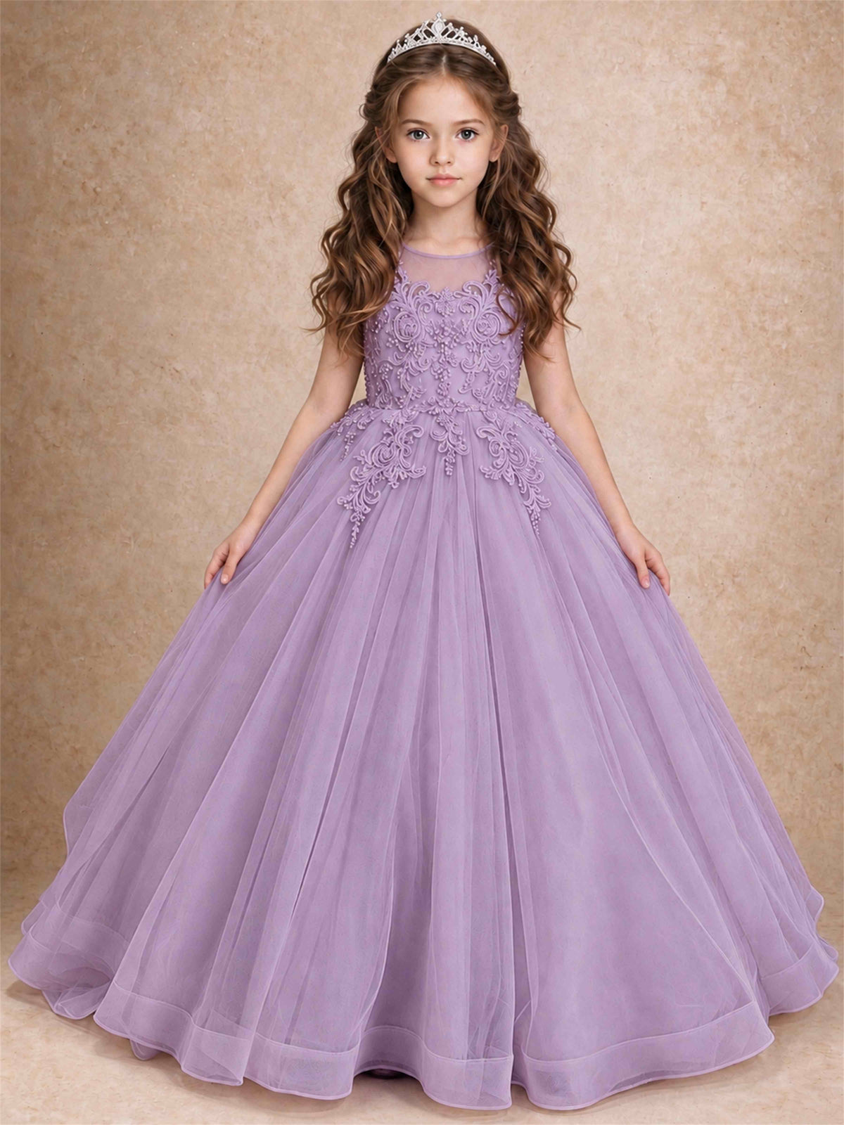 Lace Applique Girls Pageant Dresses Tulle Ball Gown Flower Girl Dress for Wedding Birthday Communion