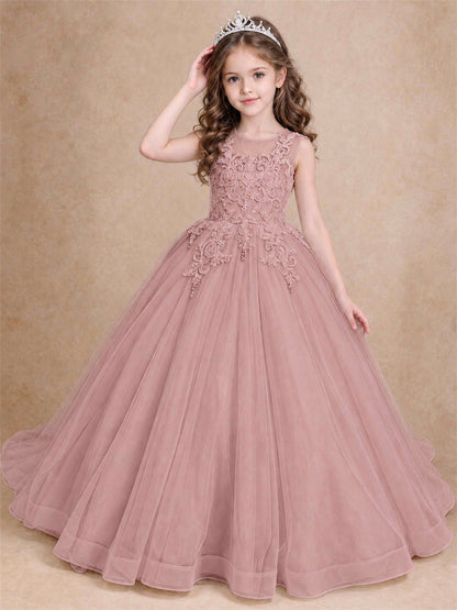 Lace Applique Girls Pageant Dresses Tulle Ball Gown Flower Girl Dress for Wedding Birthday Communion