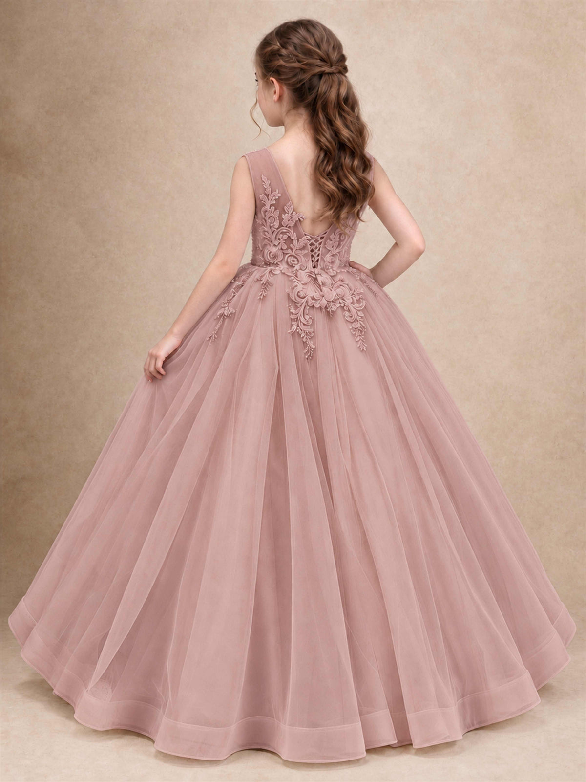 Lace Applique Girls Pageant Dresses Tulle Ball Gown Flower Girl Dress for Wedding Birthday Communion