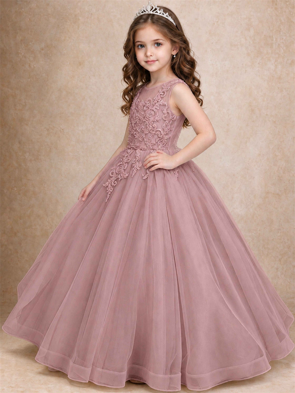 Lace Applique Girls Pageant Dresses Tulle Ball Gown Flower Girl Dress for Wedding Birthday Communion