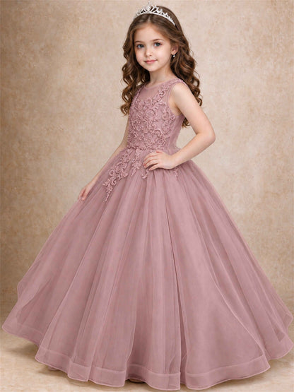 Lace Applique Girls Pageant Dresses Tulle Ball Gown Flower Girl Dress for Wedding Birthday Communion