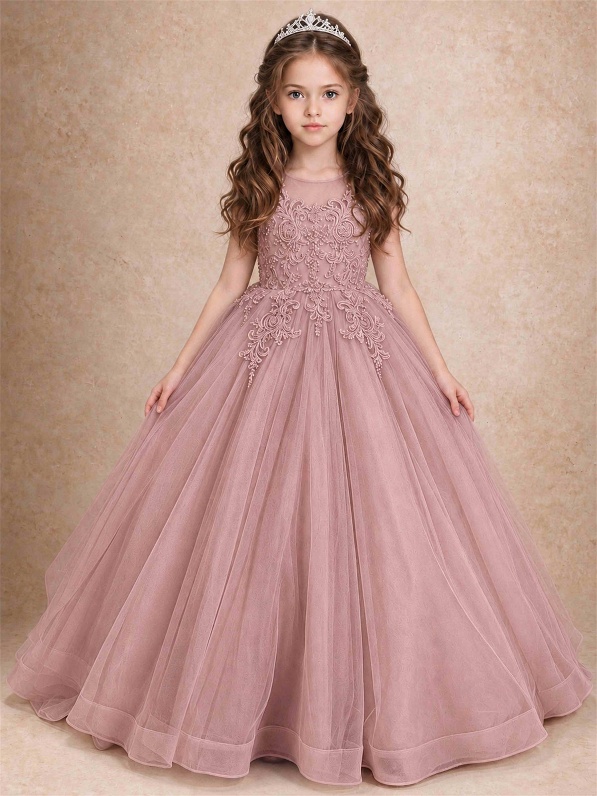 Lace Applique Girls Pageant Dresses Tulle Ball Gown Flower Girl Dress for Wedding Birthday Communion