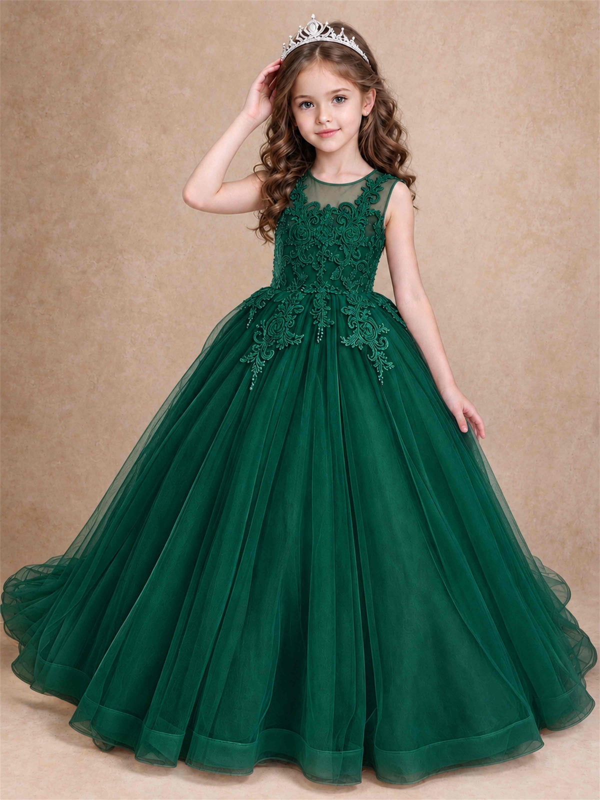 Lace Applique Girls Pageant Dresses Tulle Ball Gown Flower Girl Dress for Wedding Birthday Communion