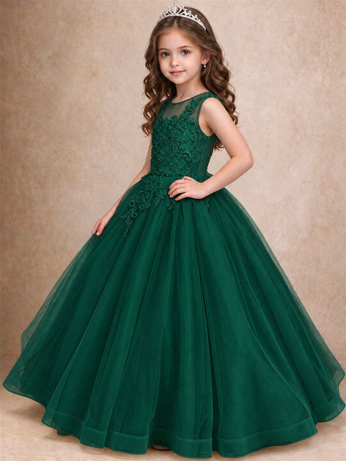 Lace Applique Girls Pageant Dresses Tulle Ball Gown Flower Girl Dress for Wedding Birthday Communion