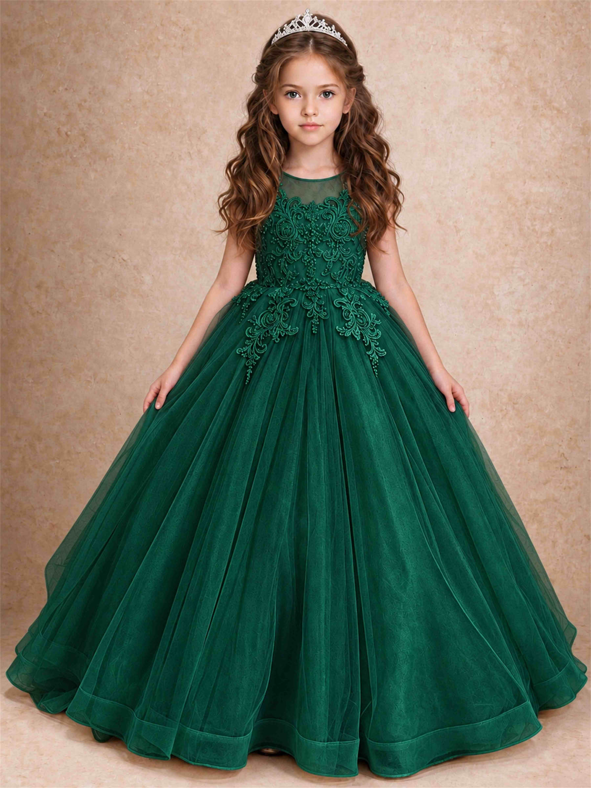 Lace Applique Girls Pageant Dresses Tulle Ball Gown Flower Girl Dress for Wedding Birthday Communion