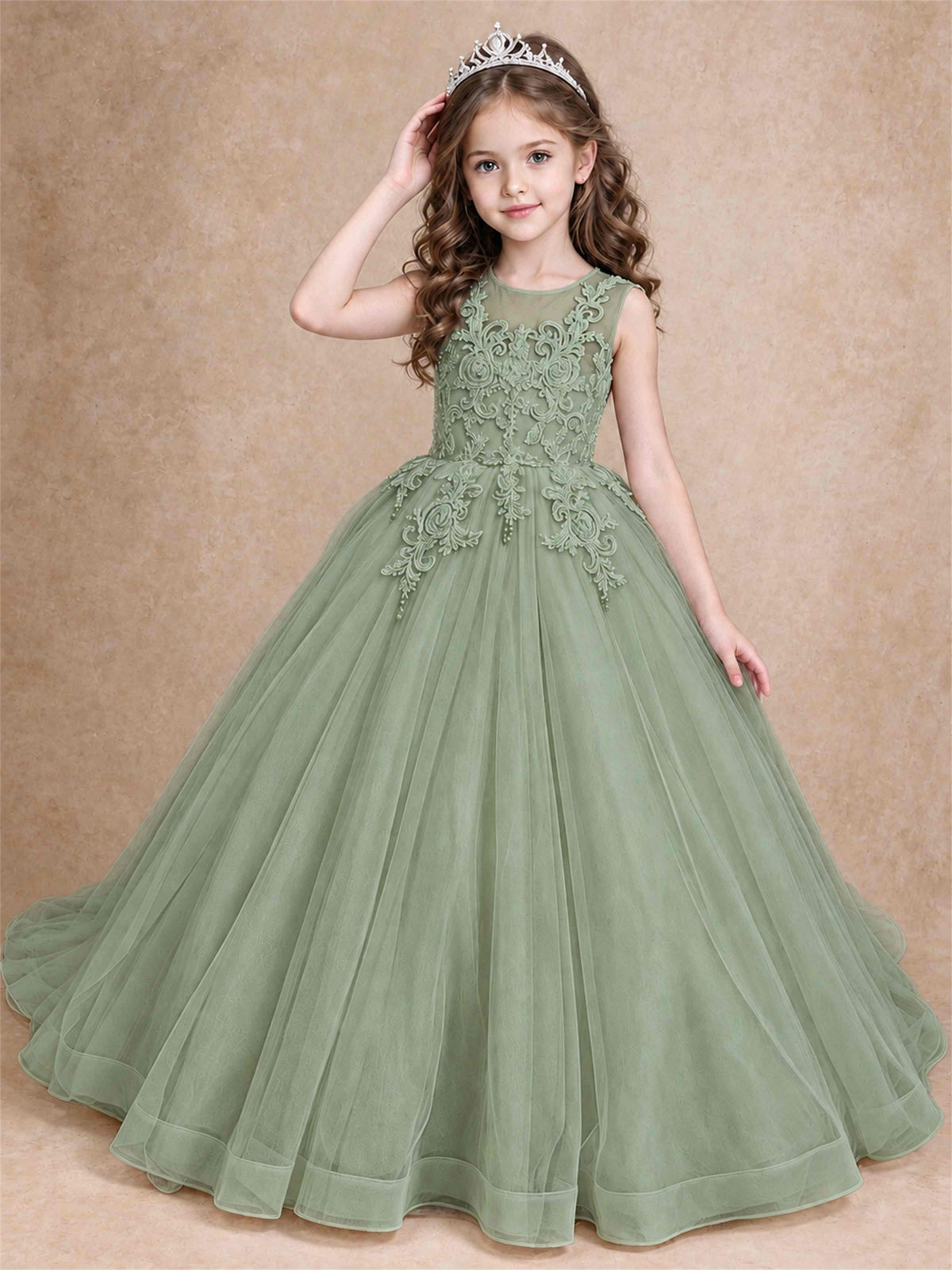 Lace Applique Girls Pageant Dresses Tulle Ball Gown Flower Girl Dress for Wedding Birthday Communion