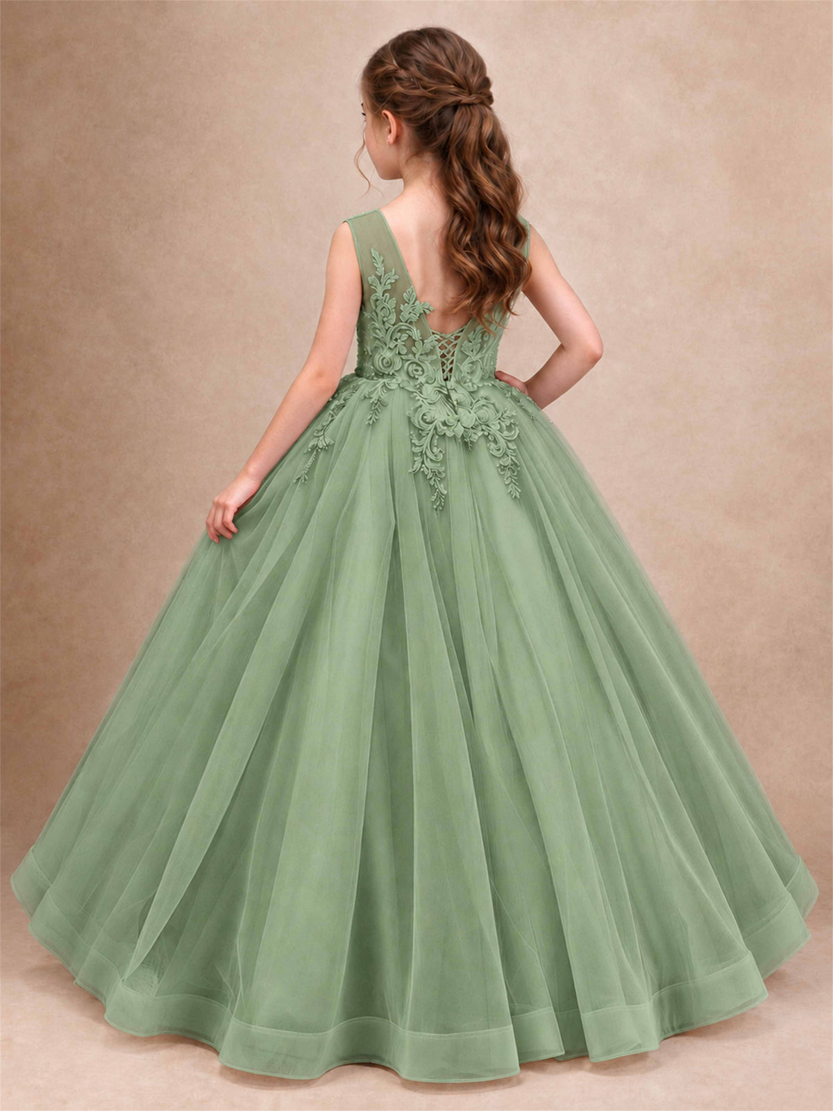 Lace Applique Girls Pageant Dresses Tulle Ball Gown Flower Girl Dress for Wedding Birthday Communion