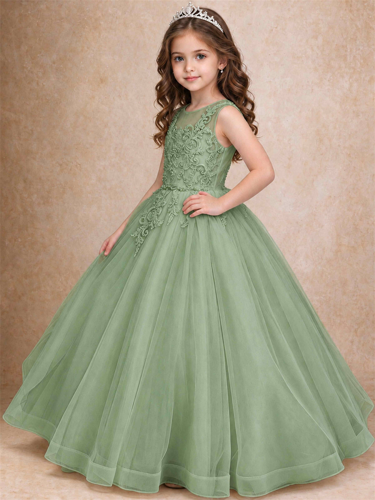 Lace Applique Girls Pageant Dresses Tulle Ball Gown Flower Girl Dress for Wedding Birthday Communion