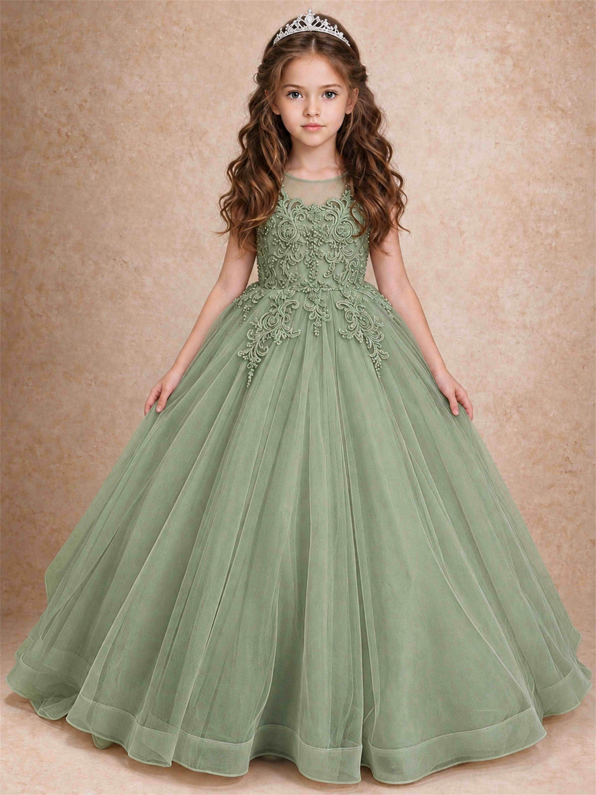 Lace Applique Girls Pageant Dresses Tulle Ball Gown Flower Girl Dress for Wedding Birthday Communion
