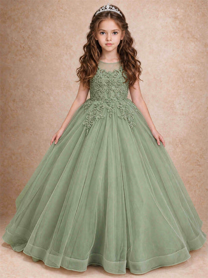 Lace Applique Girls Pageant Dresses Tulle Ball Gown Flower Girl Dress for Wedding Birthday Communion