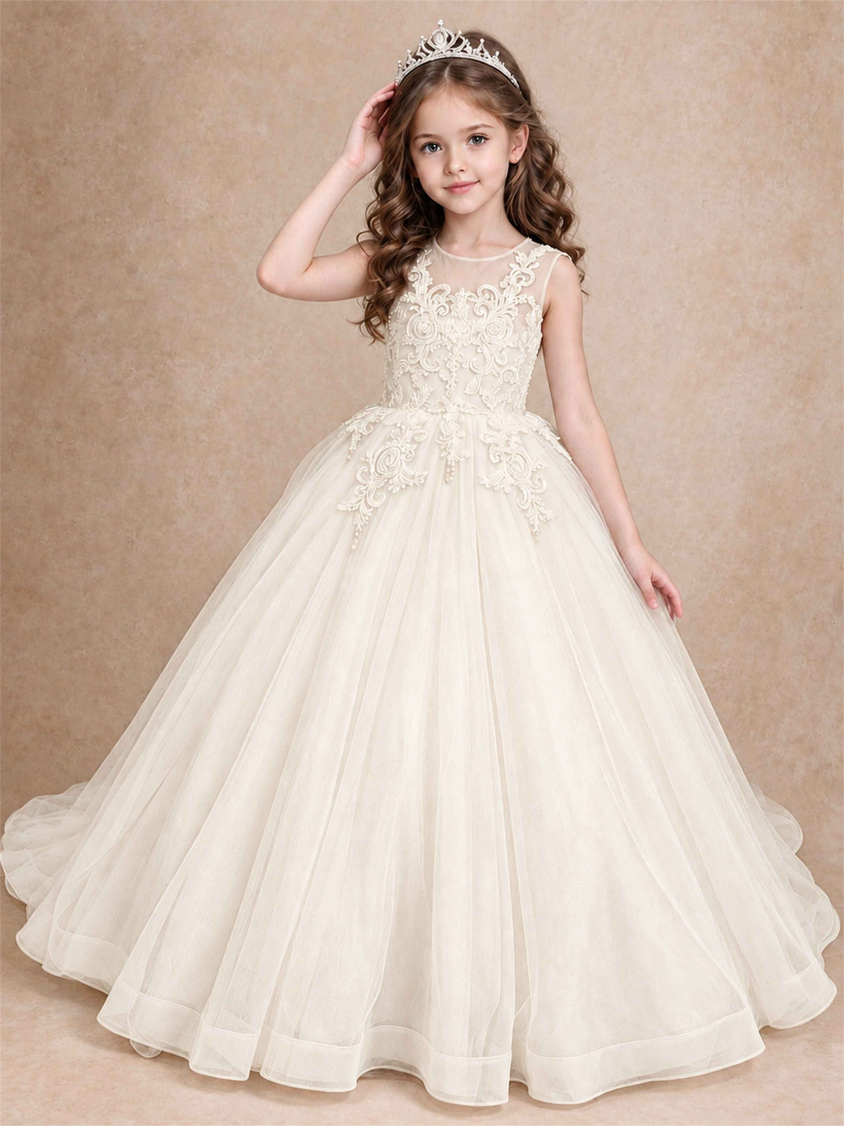 Lace Applique Girls Pageant Dresses Tulle Ball Gown Flower Girl Dress for Wedding Birthday Communion