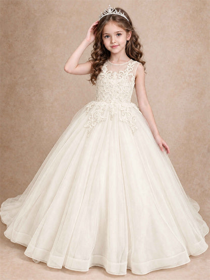 Lace Applique Girls Pageant Dresses Tulle Ball Gown Flower Girl Dress for Wedding Birthday Communion