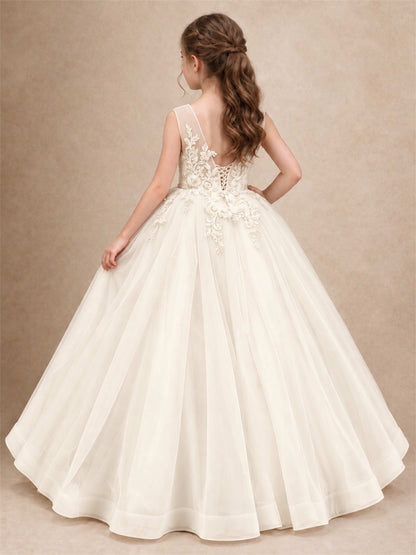 Lace Applique Girls Pageant Dresses Tulle Ball Gown Flower Girl Dress for Wedding Birthday Communion