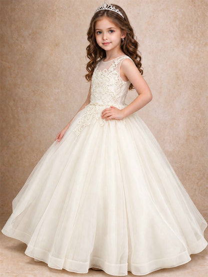 Lace Applique Girls Pageant Dresses Tulle Ball Gown Flower Girl Dress for Wedding Birthday Communion