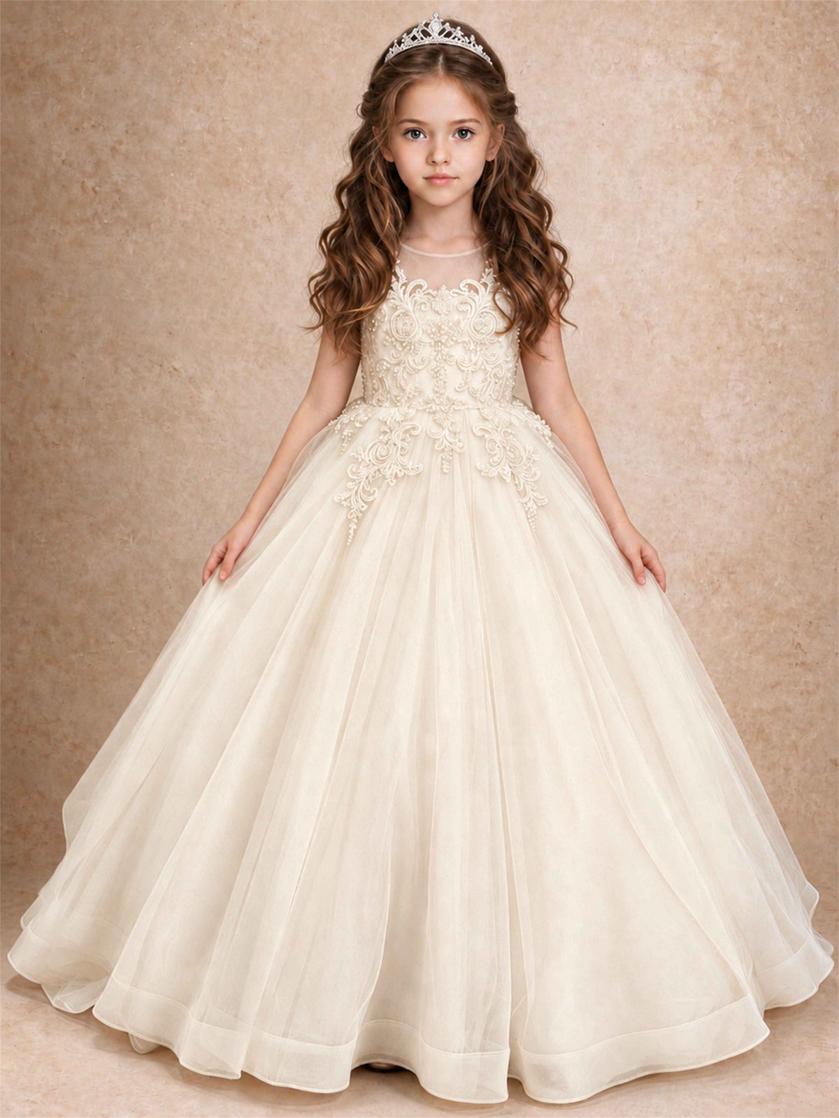 Lace Applique Girls Pageant Dresses Tulle Ball Gown Flower Girl Dress for Wedding Birthday Communion