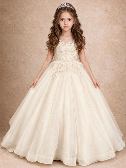Lace Applique Girls Pageant Dresses Tulle Ball Gown Flower Girl Dress for Wedding Birthday Communion