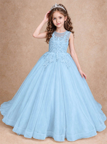 Lace Applique Girls Pageant Dresses Tulle Ball Gown Flower Girl Dress for Wedding Birthday Communion