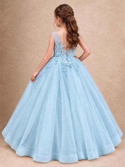 Lace Applique Girls Pageant Dresses Tulle Ball Gown Flower Girl Dress for Wedding Birthday Communion